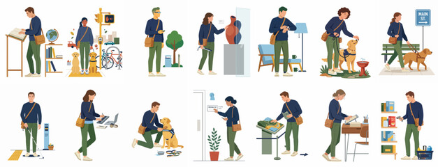 Fototapeta premium Flat vector illustration set of visually impaired people navigating daily activities with white canes, guide dogs, and assistive technologies in various environments.