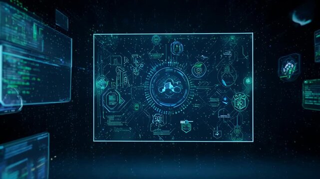 Digital data streams flowing within a futuristic network environment with glowing blue interfaces and circuit board patterns