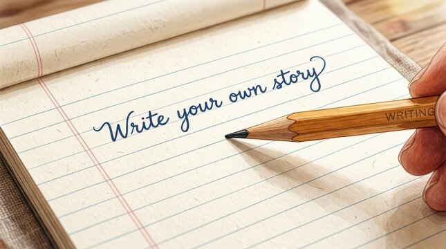 Hand holding a pencil writing "Write your own story" on lined notebook paper, symbolizing creativity and personal narrative