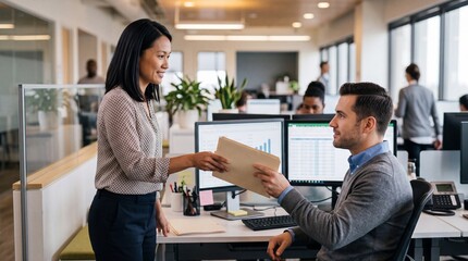 Fototapeta premium Businesswoman Handing Over Document Folder to Colleague at Desk in Modern Office
