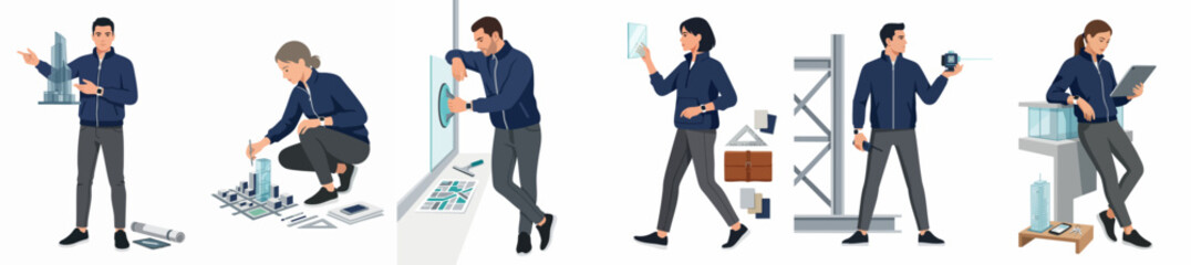 Fototapeta premium Vector illustrations of professional architects and engineers working on building projects, including models, blueprints, and digital tablets in a minimalist style.