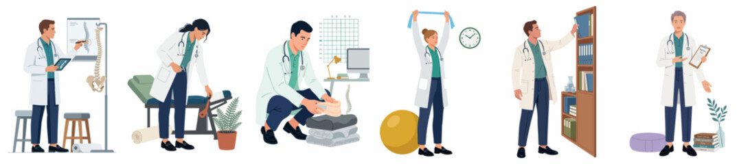 Obraz premium Flat illustration set featuring medical professionals performing various clinical and administrative tasks in a healthcare or physical therapy setting.