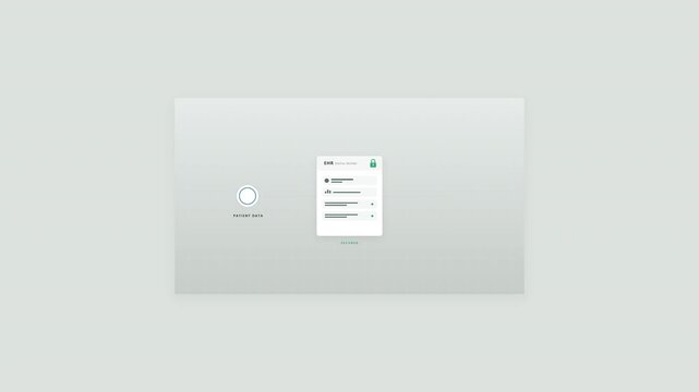 Electronic health record animation showing abstract patient data entering a digital EHR system and becoming securely accessible