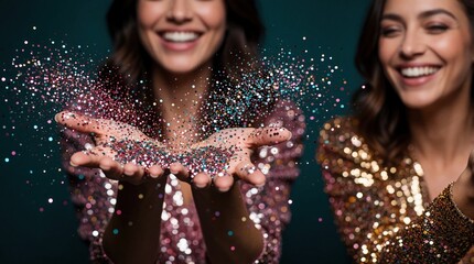 Naklejka premium Cheerful young woman releases colorful glitter from hands in studio. Happy female friends wearing sequin dresses celebrate party event. Bright sparkles, magic particles fly in air during joyful