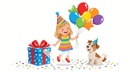 Fototapeta premium Happy Little Girl Celebrating Birthday with Colorful Balloons, a Large Gift Box, and Her Cute Puppy Dog