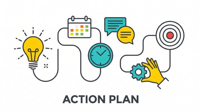 Action plan infographic showing business process flow with icons on a white background with ideas scheduling