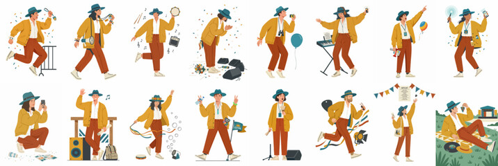 Obraz premium Vector Illustration Set of a Woman in a Yellow Jacket Celebrating and Enjoying Various Fun Activities, Music, and Festive Moments.
