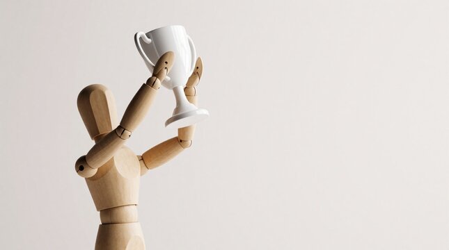 Wooden mannequin lifts white trophy cup celebrating success. Concept for achievement recognition KPI tracking and employee award. Plenty copy space for text.