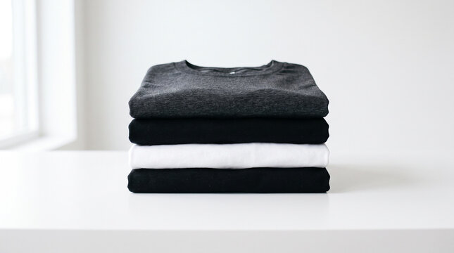 Three neatly folded black sweaters stacked in descending order on a smooth white surface bathed in soft natural light.