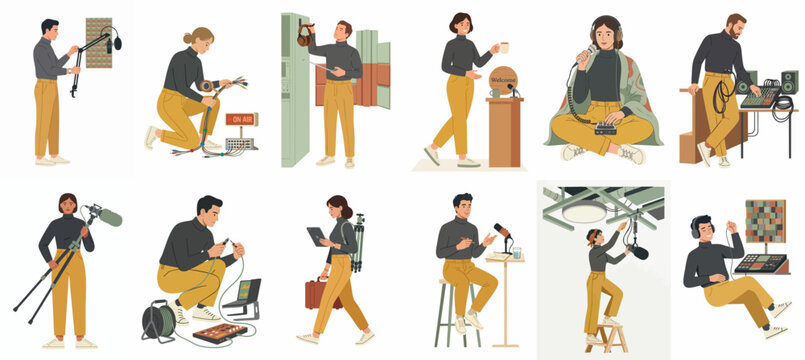 Collection of illustrations featuring sound engineers, foley artists, and audio professionals working with various recording equipment and microphones.