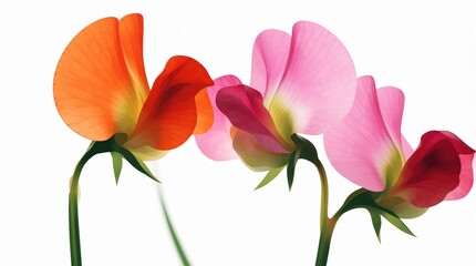 Obraz premium Two sweet pea flowers bloom on white background. Vibrant orange, pink blossoms with green stems grow together. Beautiful botanical floral art with delicate petals for spring wedding decor, greeting