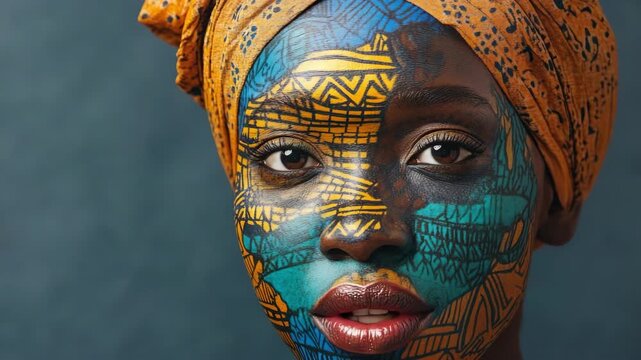 Portrait of a Black Woman with Intricate Face Paint and Headwrap