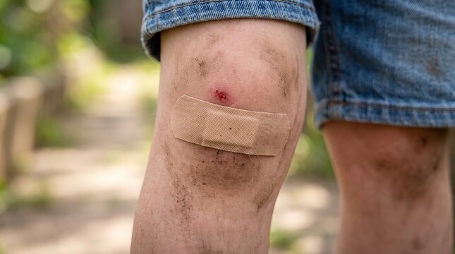 Injured human knee with a medical adhesive bandage covering a small skin abrasion after falling outdoors in natural daylight conditions