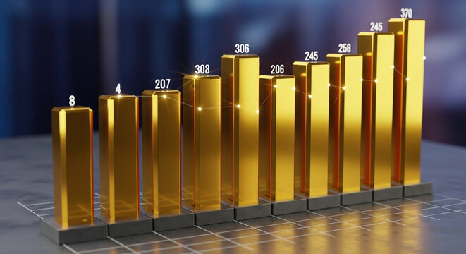 A compelling financial chart featuring shiny gold bars illustrating upward growth trends and market success metrics during a strategic corporate presentation inside a well-lit professional