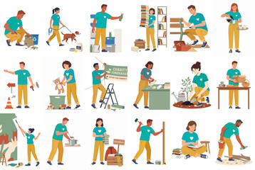 Fototapeta premium Diverse group of volunteers in uniform engaged in community service activities like recycling, planting, cleaning, and donating, set against a white background.