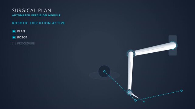 Robotic surgery animation showing a precision surgical robot following an abstract procedure plan without realistic human anatomy