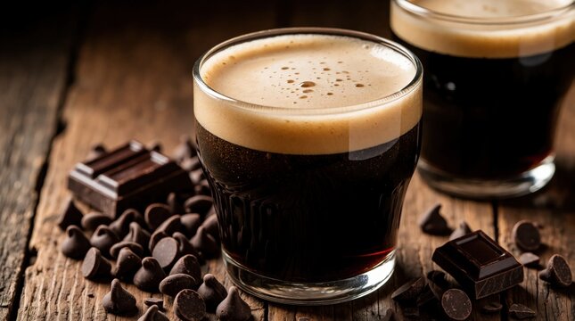 Rich dark stout beer with frothy head sits near chocolate pieces and chips on rustic wood table. Another glass of dark ale is visible in background. Indulgent beverage.