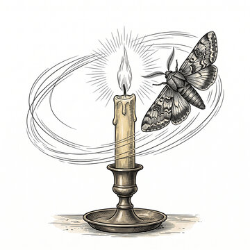 Flying moth attracted to a burning candle flame in classic vintage engraving style, digital art