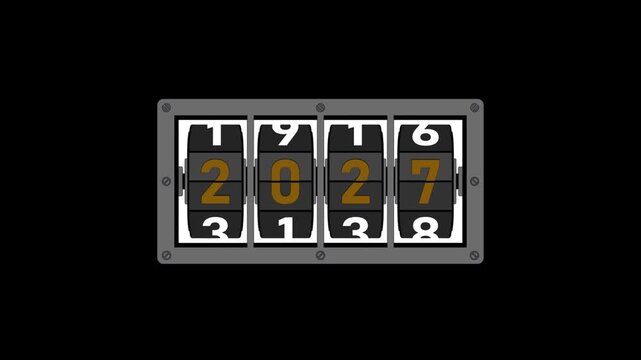 Mechanical odometer display showing the year twenty twenty seven with orange digits and grey borders in this high quality flat vector style motion graphic animation clip.