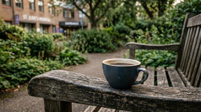A steaming cup of coffee rests on a wooden park bench outside a hospital, offering a moment of quiet reflection for a tired nurse/doctor taking a well-deserved break during a long shift