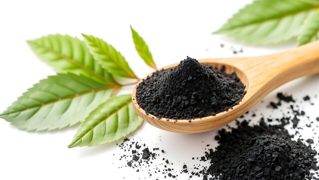 Black Maca Powder in Wooden Spoon