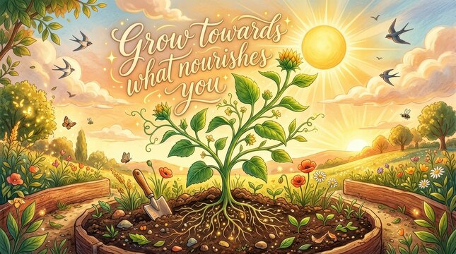 Inspirational illustration of a young plant growing towards the nourishing sun with the phrase "Grow towards what nourishes you"