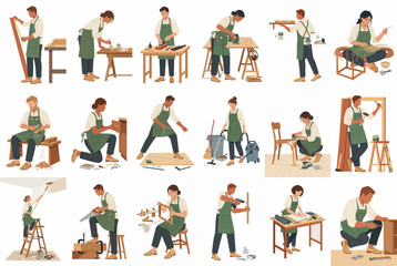 Fototapeta premium Flat illustration collection of diverse carpenters and woodworkers in green aprons engaged in various woodworking projects, furniture repair, and workshop tasks.