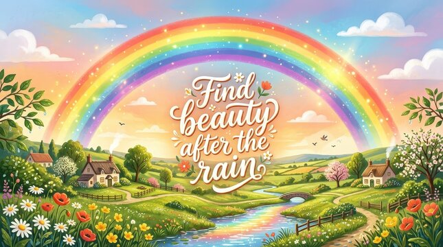 Idyllic landscape scene with a vibrant rainbow arching over rolling hills, quaint cottages, and a flowing river, evoking hope and beauty after a storm