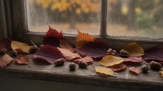 Nature - Cozy autumn windowsill decorated with colorful fall foliage and acorns with soft natural light