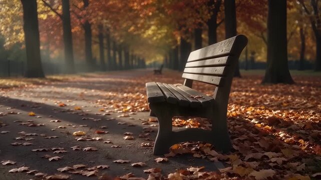 Nature - Empty park bench on path covered in fallen autumn leaves during a peaceful morning