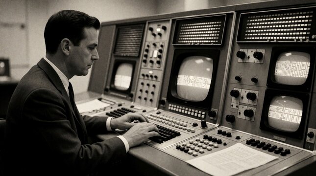Man in suit works with vintage computer console. Retro tech operator types on keyboard at old mainframes with glowing screens. Data processing in 1960s computing era.