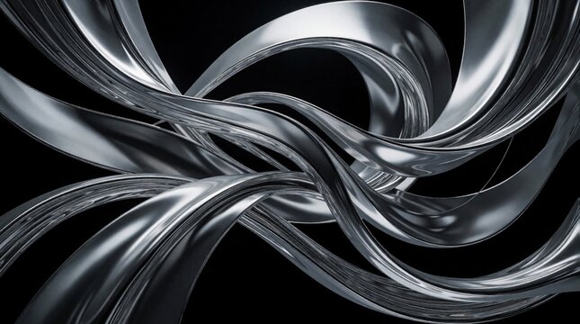 Abstract silver metallic ribbons flow in dynamic curves against black background. Shiny chrome waves create elegant liquid motion, luxury texture. Polished steel shapes form futuristic 3D pattern for