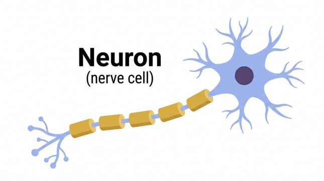 Educational diagram showing the structure of a human neuron with cell body and axon on white background