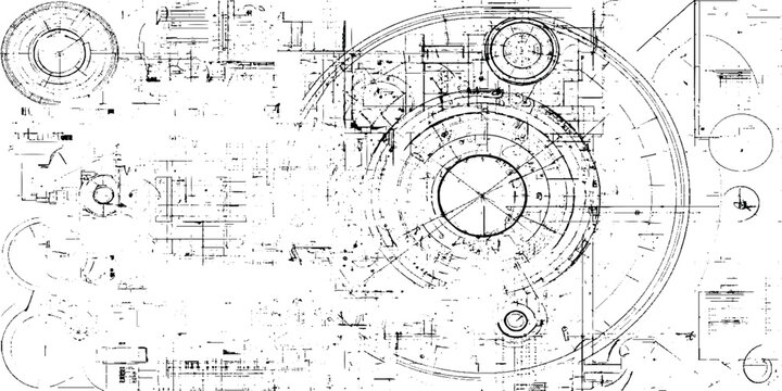Technical blueprint featuring concentric circles, geometric lines, and mechanical drafting details