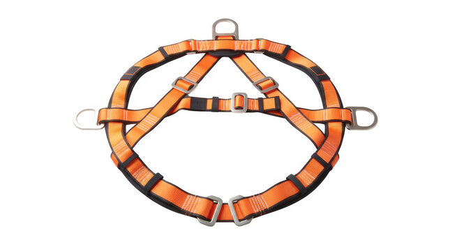 Industrial safety harness, orange fall protection gear with metal rings, professional climbing and construction body harness on white background