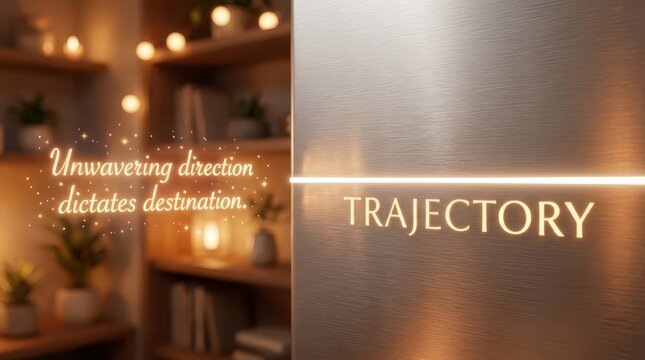 Inspirational quote "Unwavering direction dictates destination" with the word TRAJECTORY illuminated on a textured background