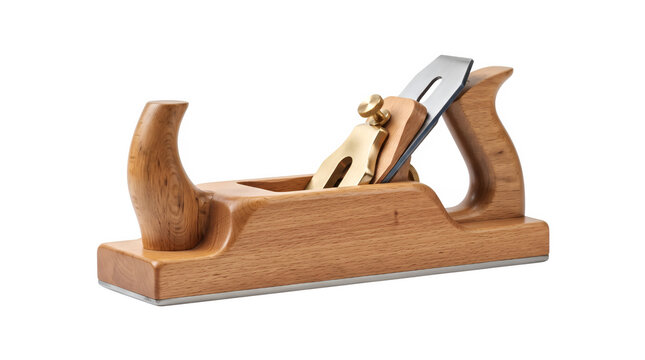 Vintage wooden hand plane with brass hardware, traditional woodworking tool for carpentry, classic joinery equipment on white background