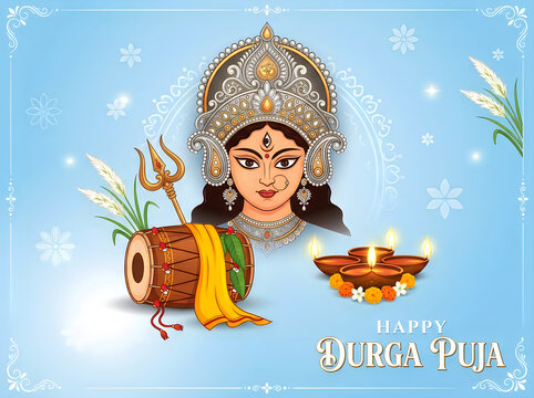 Happy durga puja celebration background with goddess durga face, traditional drum, trident, and glowing oil lamps on light blue backdrop