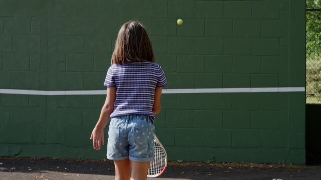 Young tennis player practices against green cinderblock wall with white stripe, red and white racket raised, yellow ball airborne, outdoor court setting in daylight