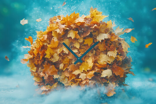 Clock face made of dry autumn leaves with black clock hands in the center over a soft blurred blue background with copy space.