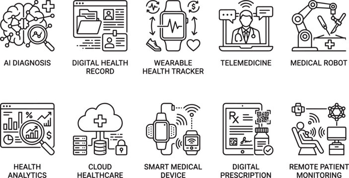 Digital Healthcare and Medical Technology Line Art Icon Collection with AI Diagnosis, Digital Health Record, Wearable Tracker, Telemedicine, Medical Robot, Health Analytics and Remote Monitoring
