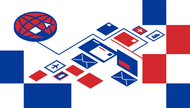 United states postal service usps logo vector illustration with mail envelopes stamps and shipping icons pattern design