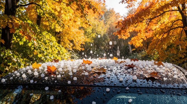 Autumn leaves and white ice balls cover car roof during severe hailstorm. Weather event batters vehicle with freezing precipitation in colorful fall forest.