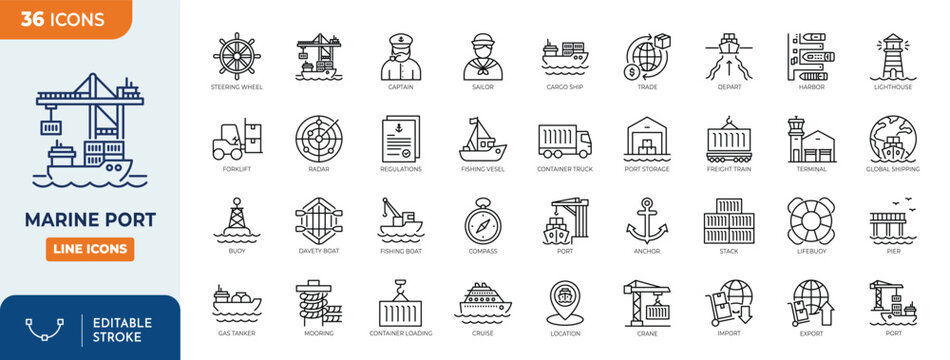 Marine Port Icon set. Containing port, logistic, shipping,  harbor, freight, cargo,  trade, seaport, export, import, crane, and more. Editable stroke. Vector illustration