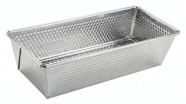Empty corrugated metal loaf pan for baking bread and cakes.
