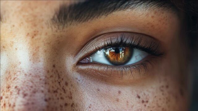 Extreme close-up of a human eye with amber iris and freckled skin