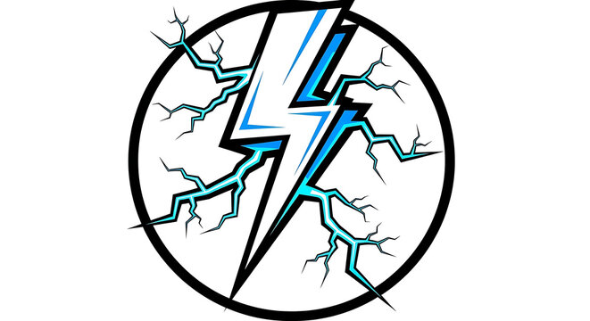 A circular emblem featuring a stylized blue lightning bolt surrounded by intricate branching crack patterns with center surrounded detailed emblem showcases vibrant lines extend toward illustration