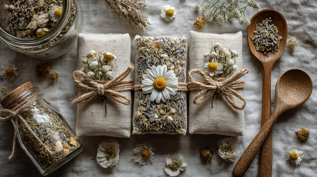 Handmade Herbal Sachets with Dried Lavender and Chamomile in Linen Pouches, dried botanicals, herbs, flowers