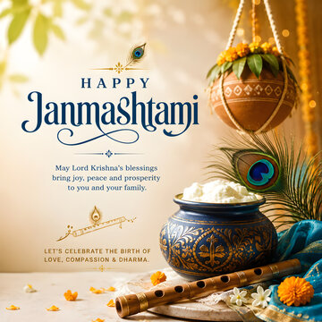 Happy janmashtami festive greeting with decorated butter pot flute and peacock feather on bright background lord krishna makhan handi hindu festival indian festival