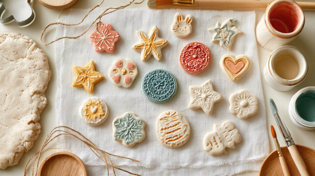 Handmade salt dough ornaments hand-painted in pastel colors with craft supplies on white linen, flat lay photography.